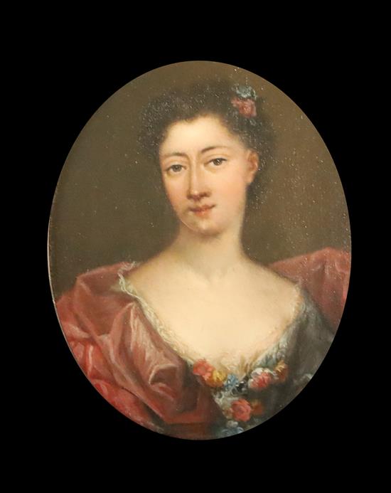 18th Century Continental School Miniature portrait of a lady with a floral corsage 5 x 3.5in.